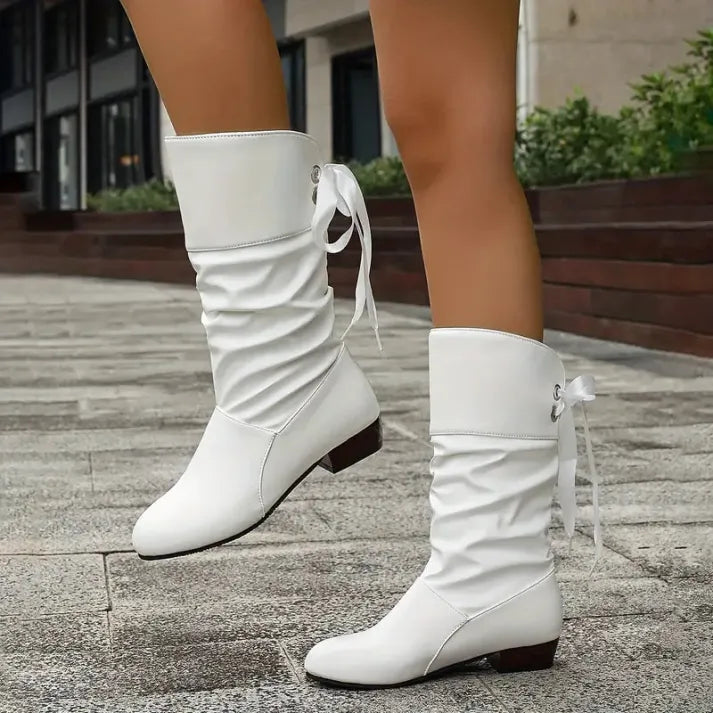 Women's slouch mid-calf boots in white – front view