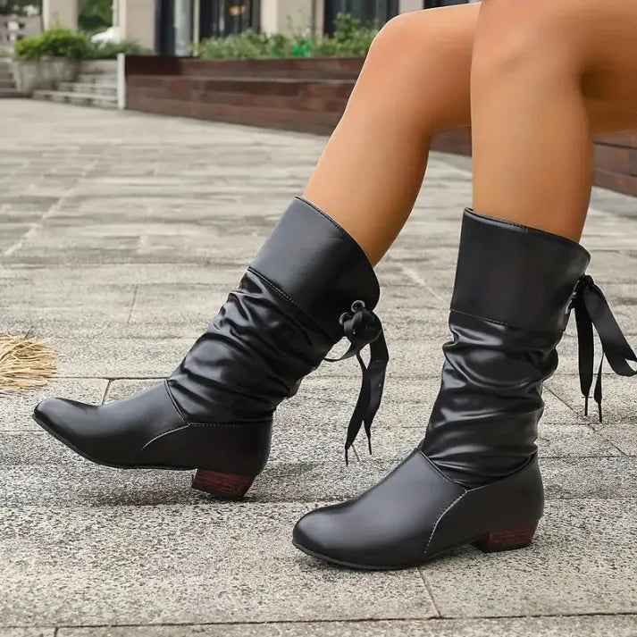 Women's slouch mid-calf boots in black – lace-up back