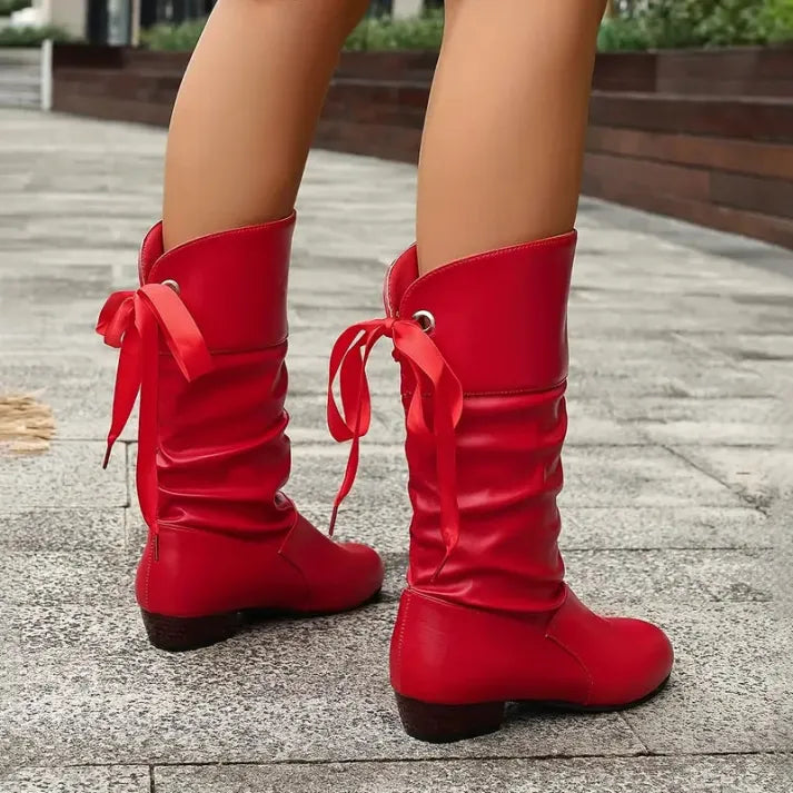 Women's slouch mid-calf boots in red – lace-up back