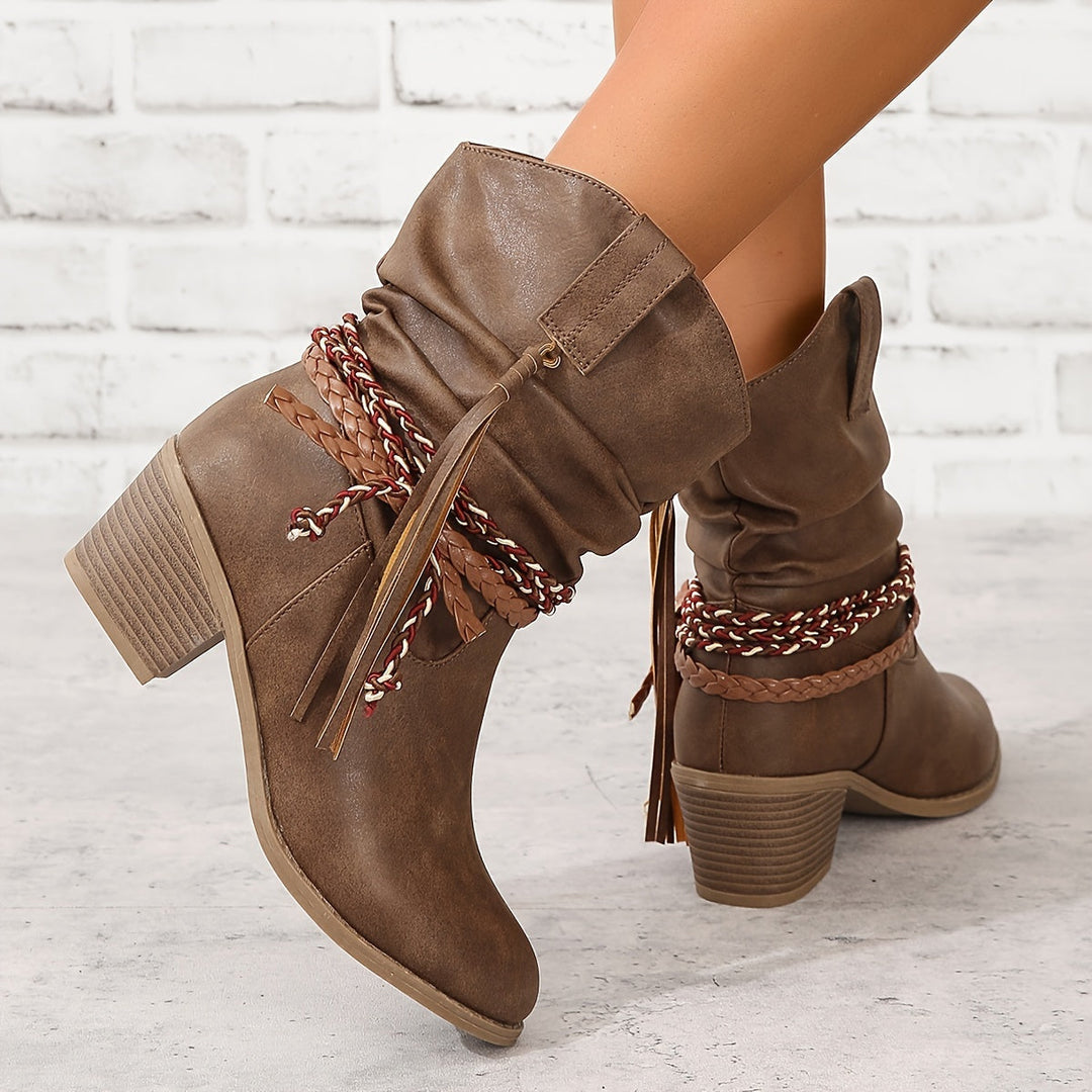 Women's braided strap slouchy boots in brown – back view