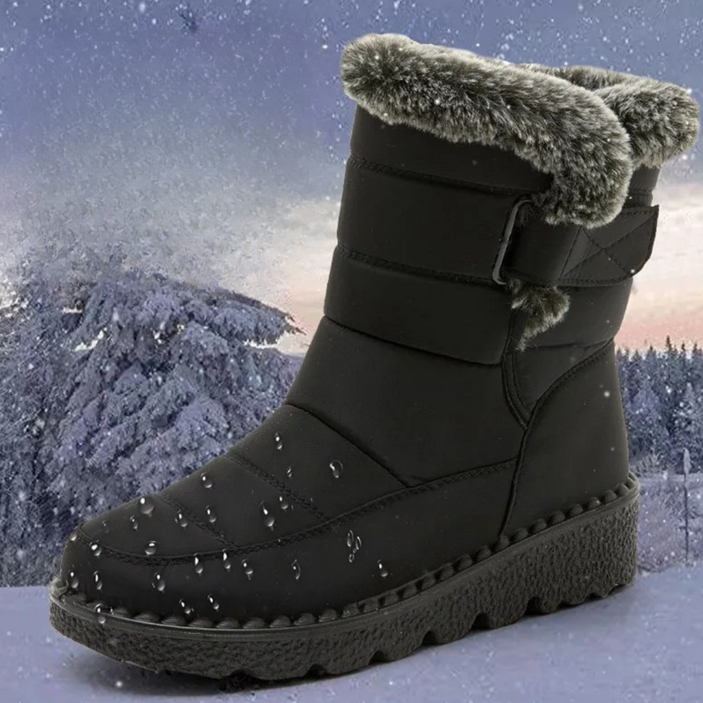 Women's faux fur cuff snow boots in black – in the snow