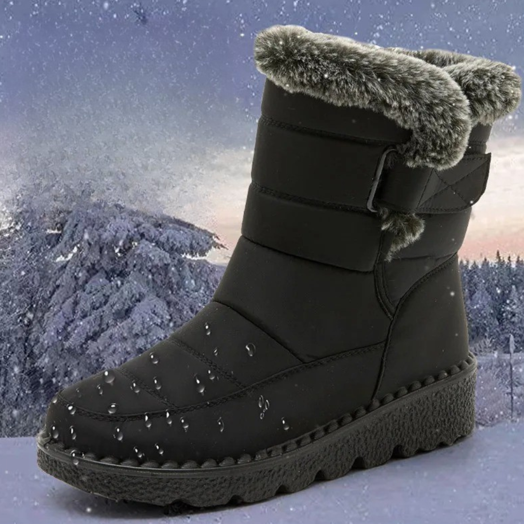 Women's faux fur cuff snow boots in black – in the snow