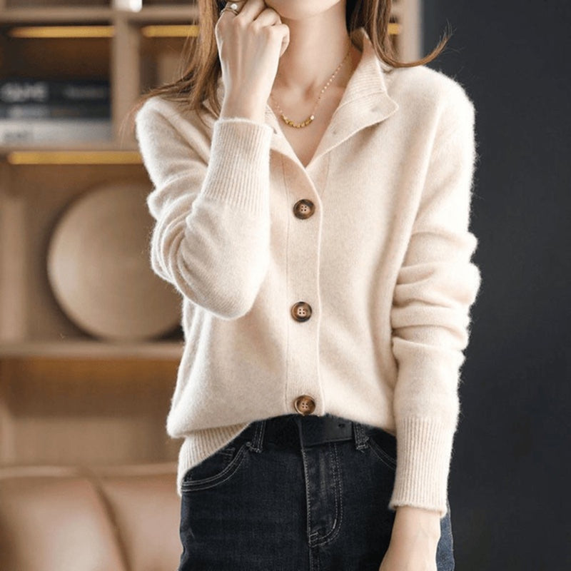 Women's soft crew neck cardigan with buttons in beige – styled look