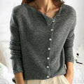 Women's soft knit button cardigan in grey – front view