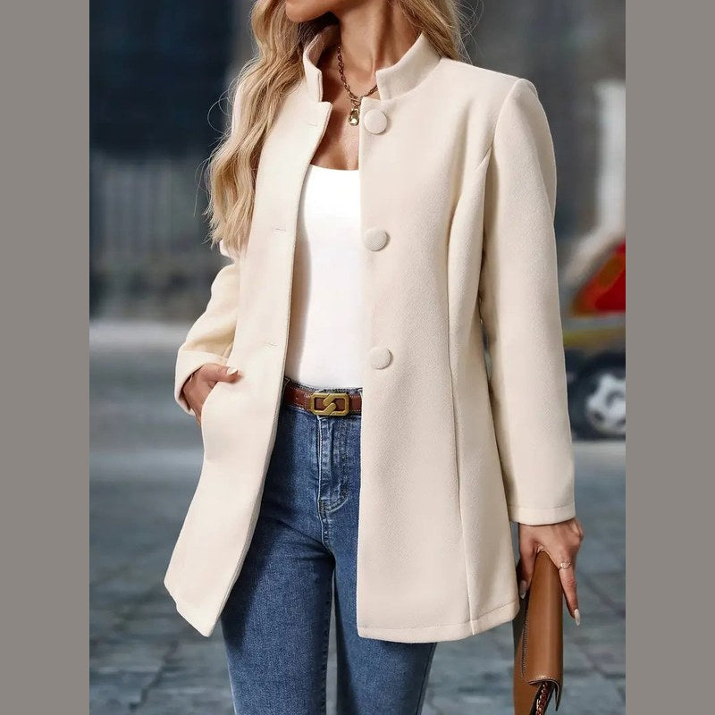 Women's stand collar coat in cream – front view, open