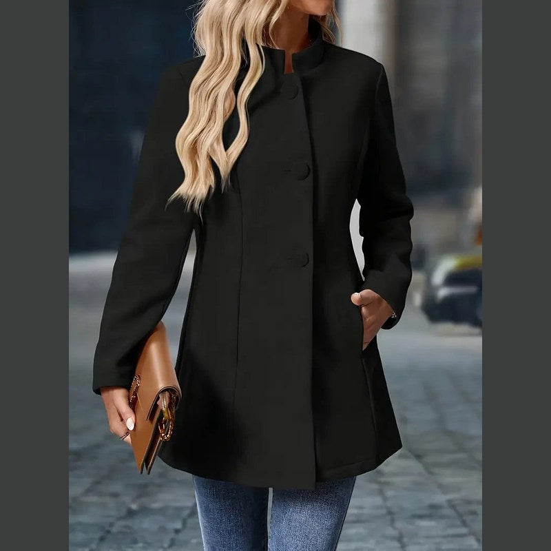 Women's stand collar coat in black – front view, closed