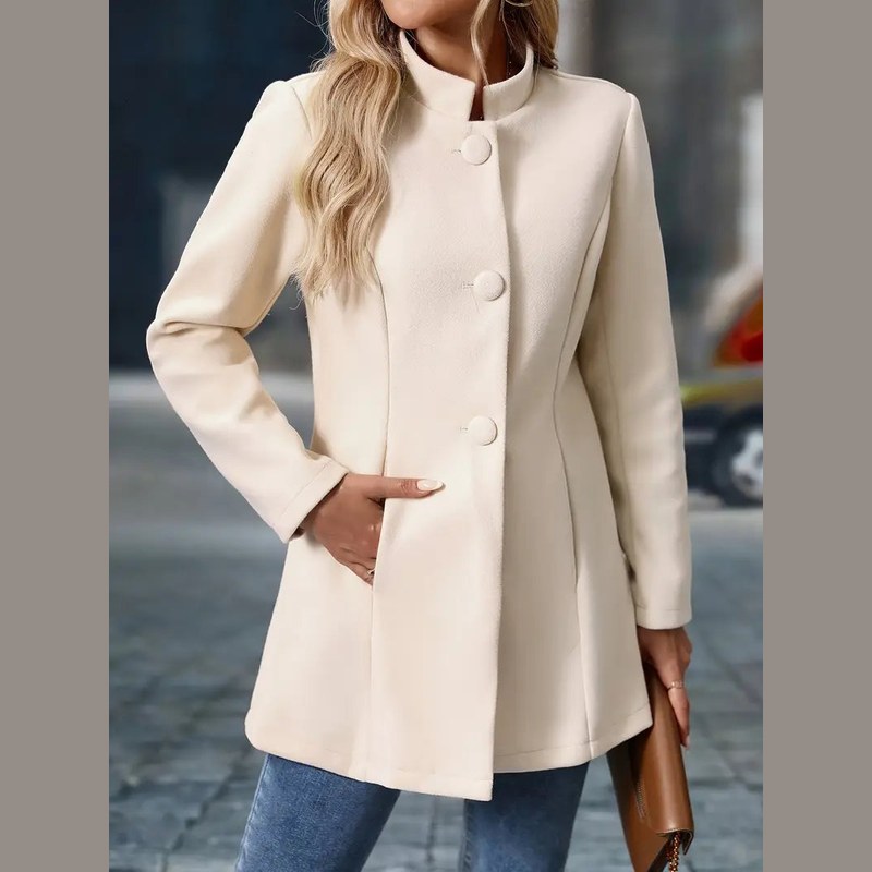 Women's stand collar coat in cream – front view, closed