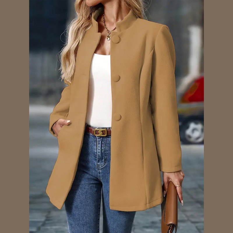 Women's stand collar coat in camel – front view, open