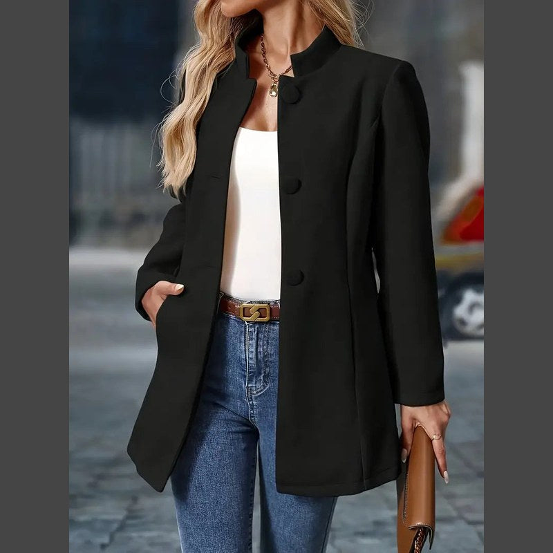 Women's stand collar coat in black – front view, open