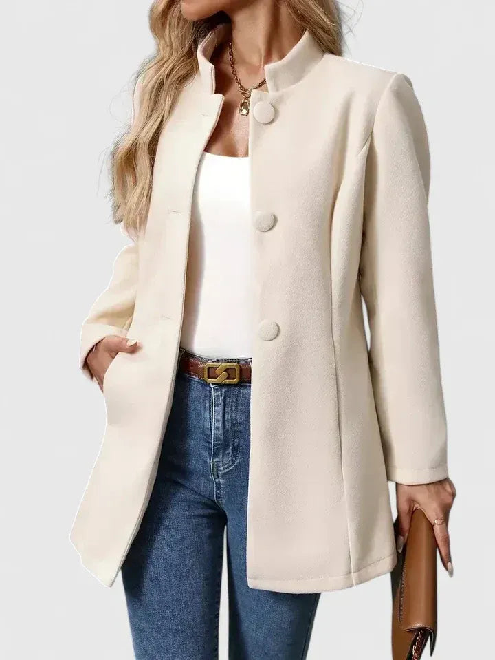 Women's fitted stand collar coat in apricot – hand in pocket