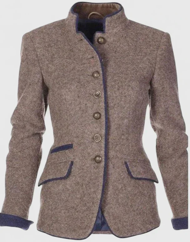 Women's contrast trim stand collar jacket in caramel – front view