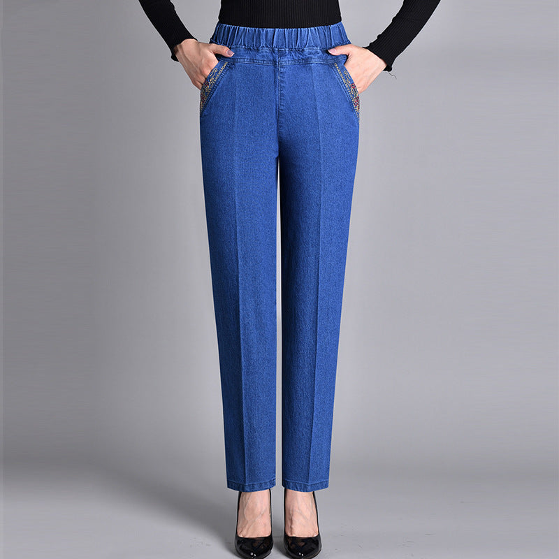 Women's Elastic Waist Straight Jeans in light blue