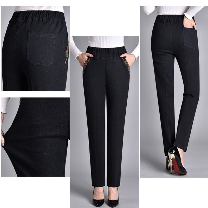 Women's elastic waist straight jeans in black – details