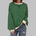Women's Striped Crew Neck Sweatshirt with Contrast Trim in green