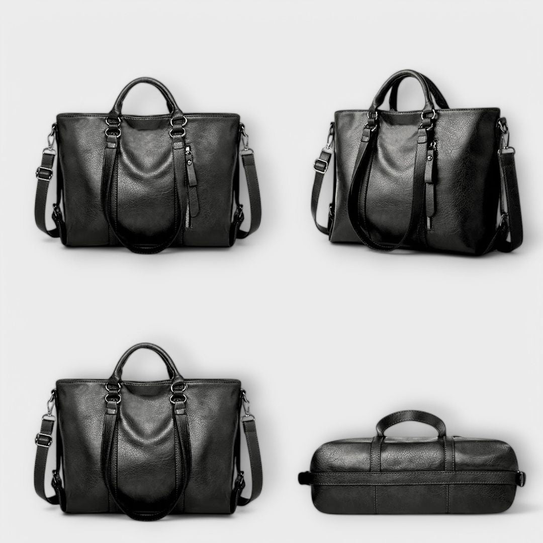 Women's structured leather look tote bag in black, from all sides
