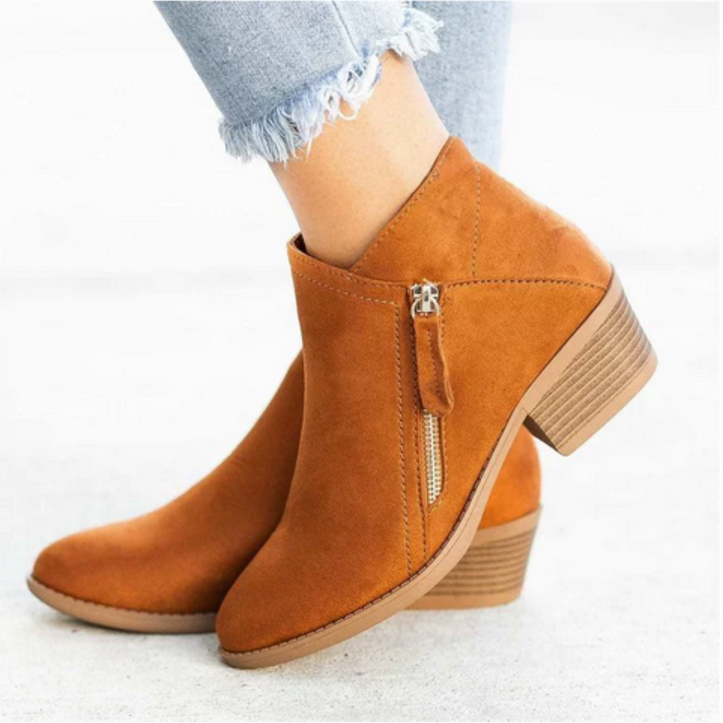 Women's side zip ankle boots in tan – worn