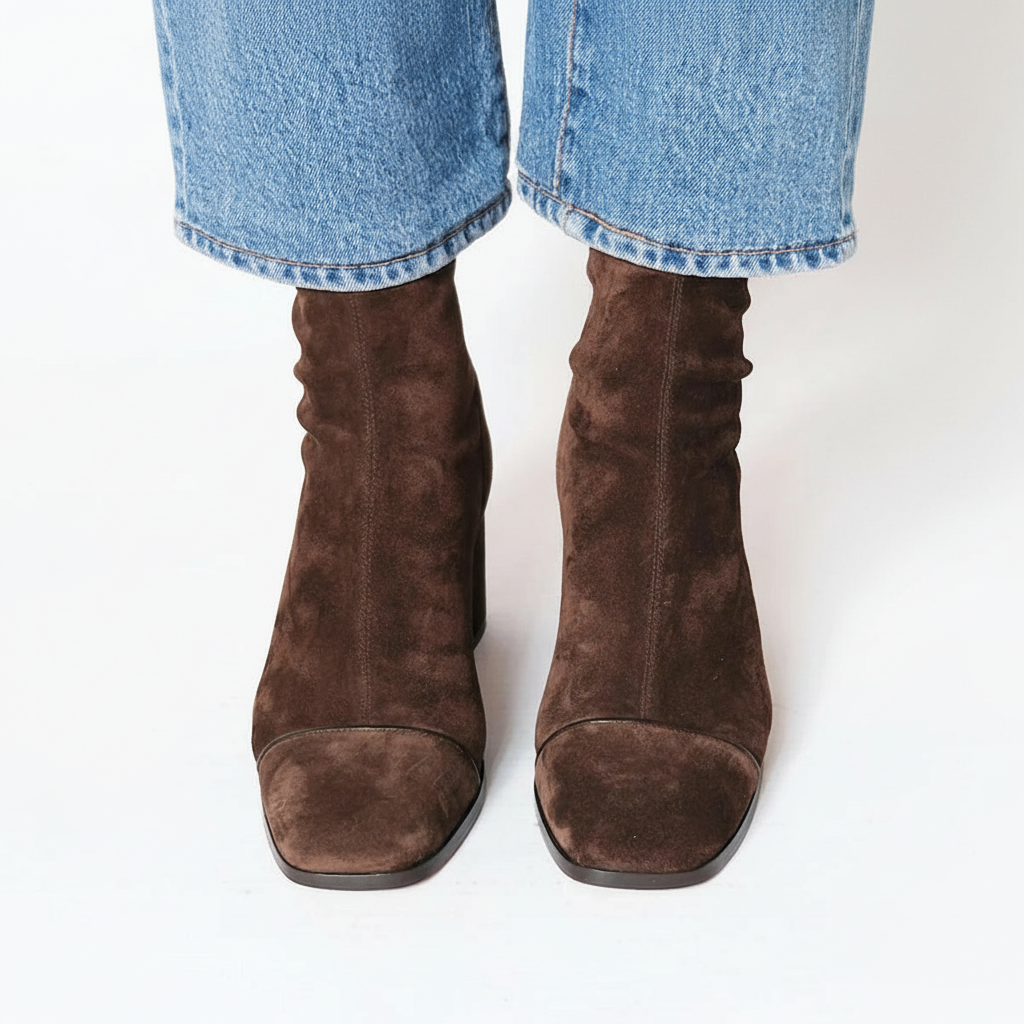 Women's square toe ankle boots in dark brown – front view