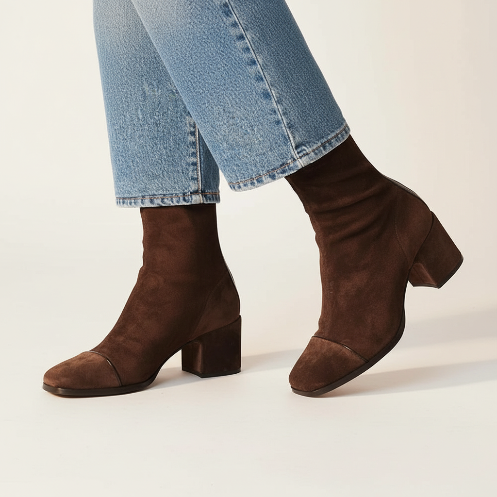 Women's square toe ankle boots in dark brown – walking