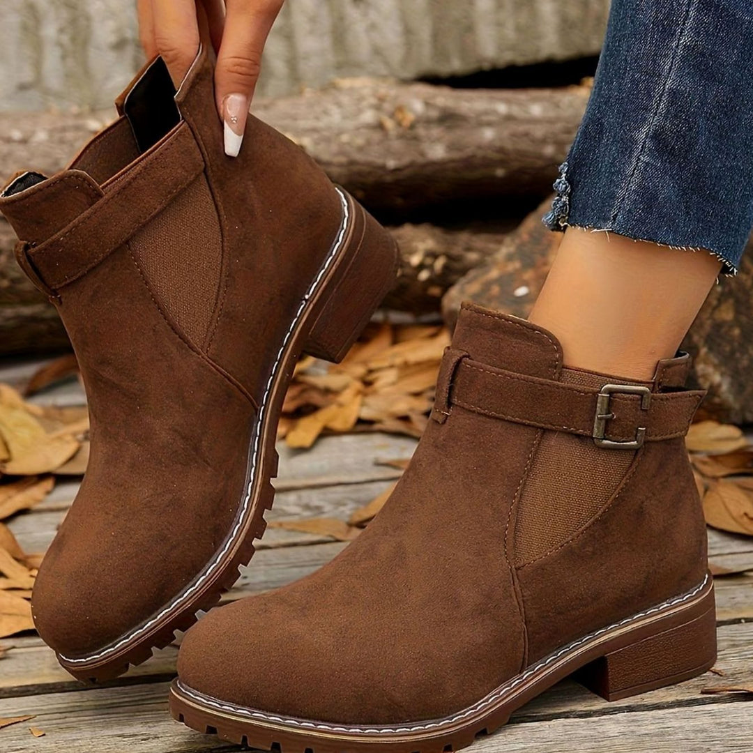 Women's Buckle Strap Chelsea Boots in dark brown