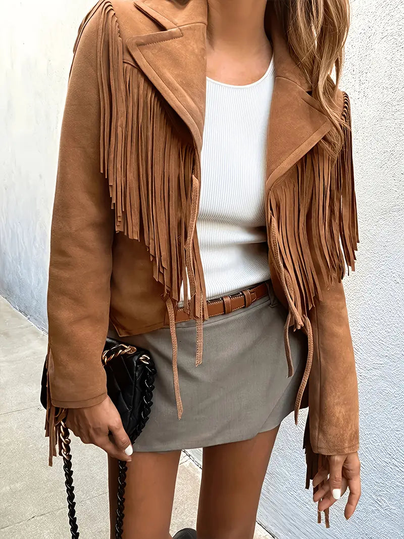 Women's Suede-Look Fringe Jacket with Notched Lapels in Brown