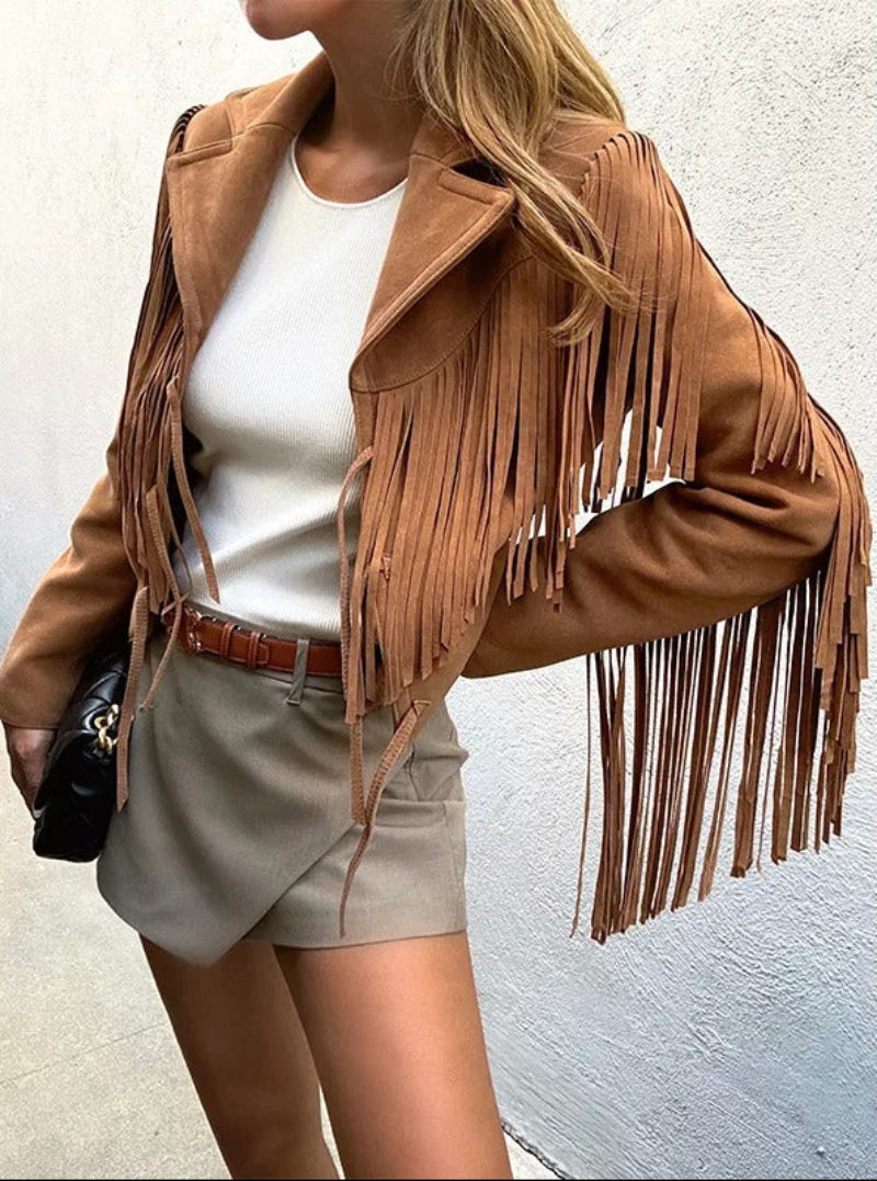 Women's suede-look fringe jacket in brown – side view