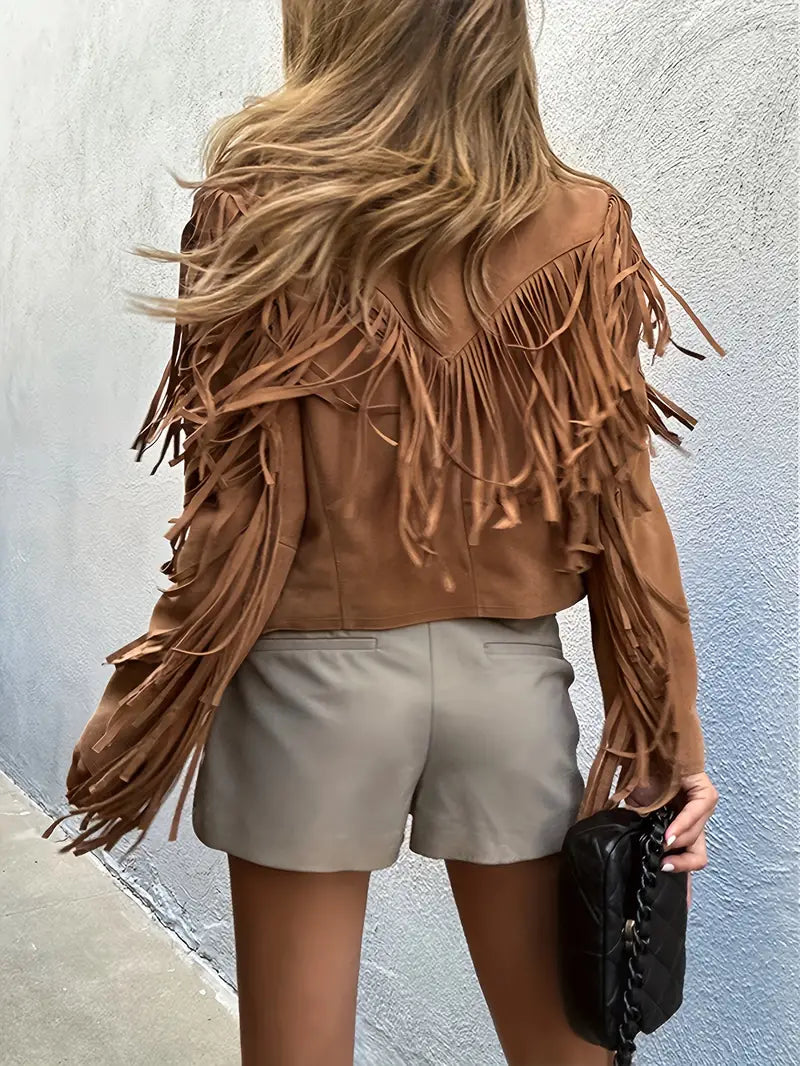 Women's suede-look fringe jacket in brown – back view