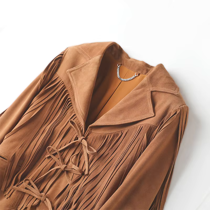 Close-up of the lapels on the brown fringe jacket