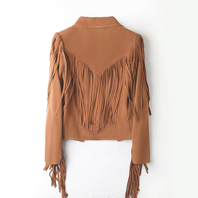 Women's suede-look fringe jacket in brown – back laid flat