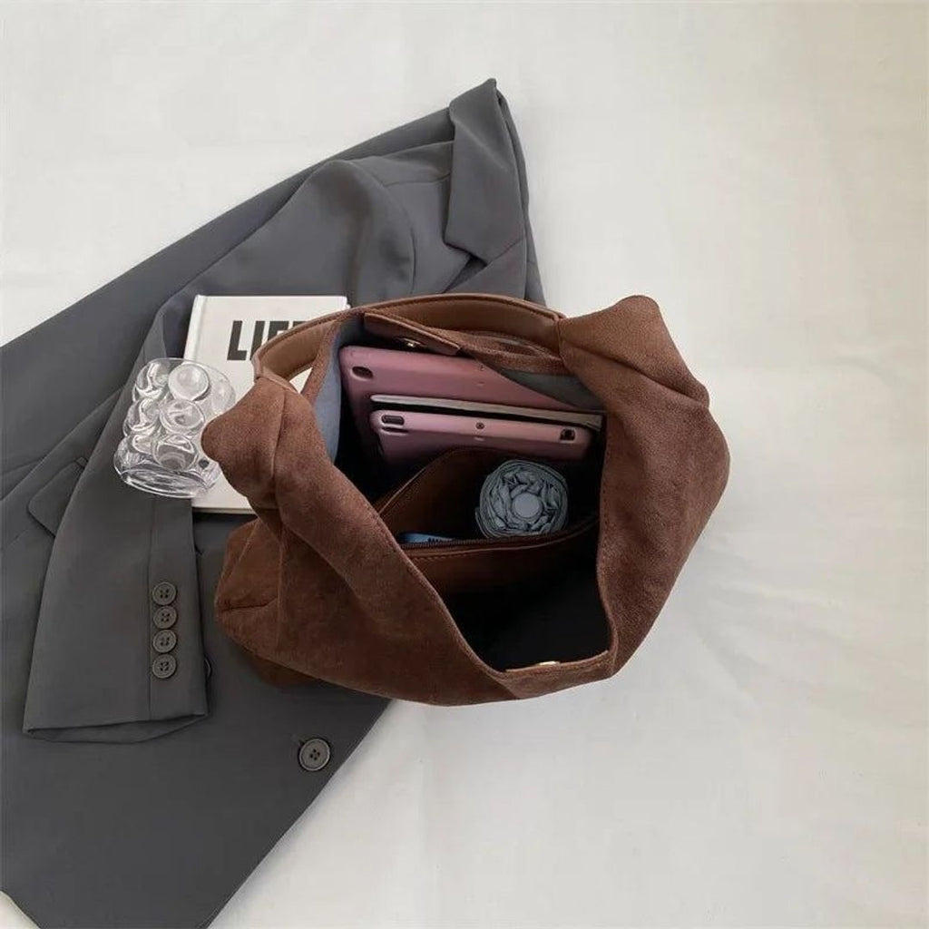 Women's suede look hobo bag in brown, inside view
