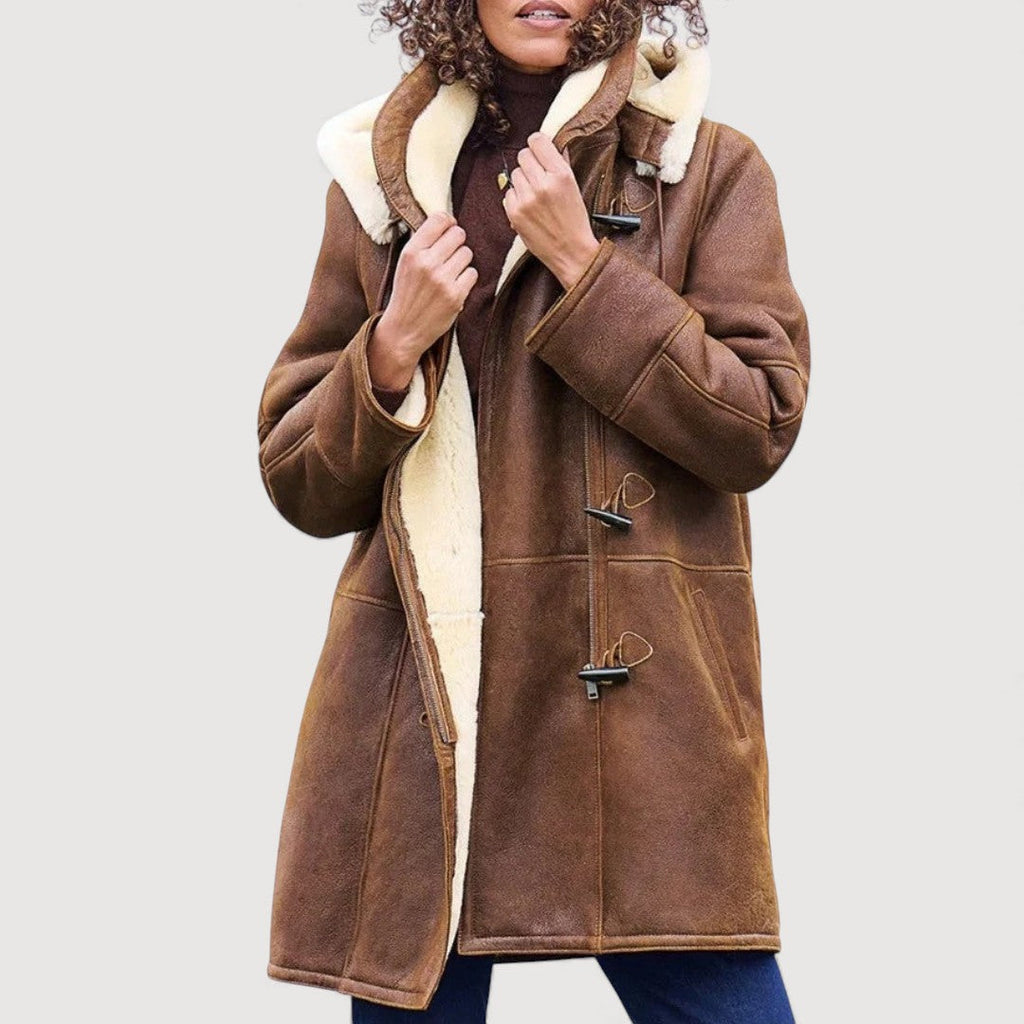 Women's teddy lined hooded toggle coat in brown – front view