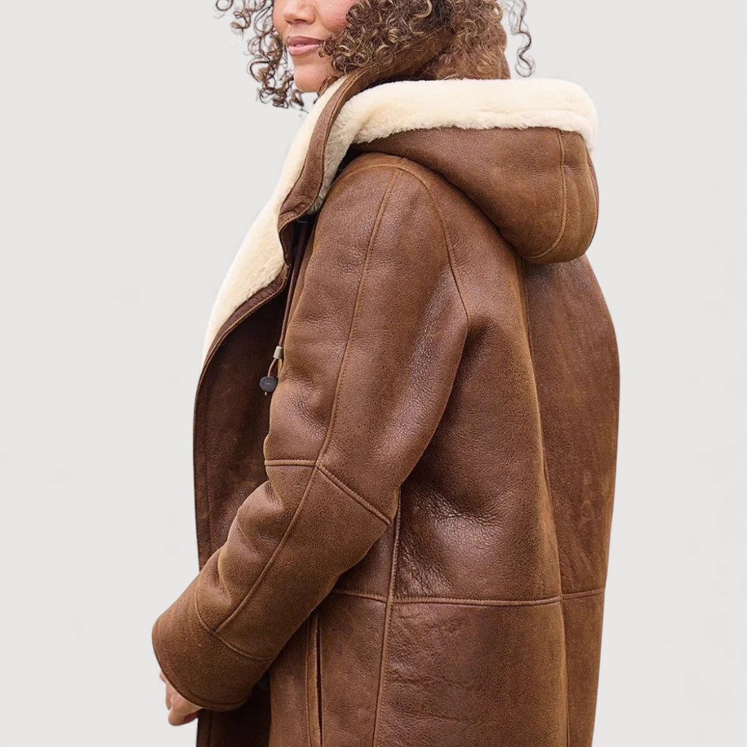 Women's teddy lined hooded toggle coat in brown – hood up