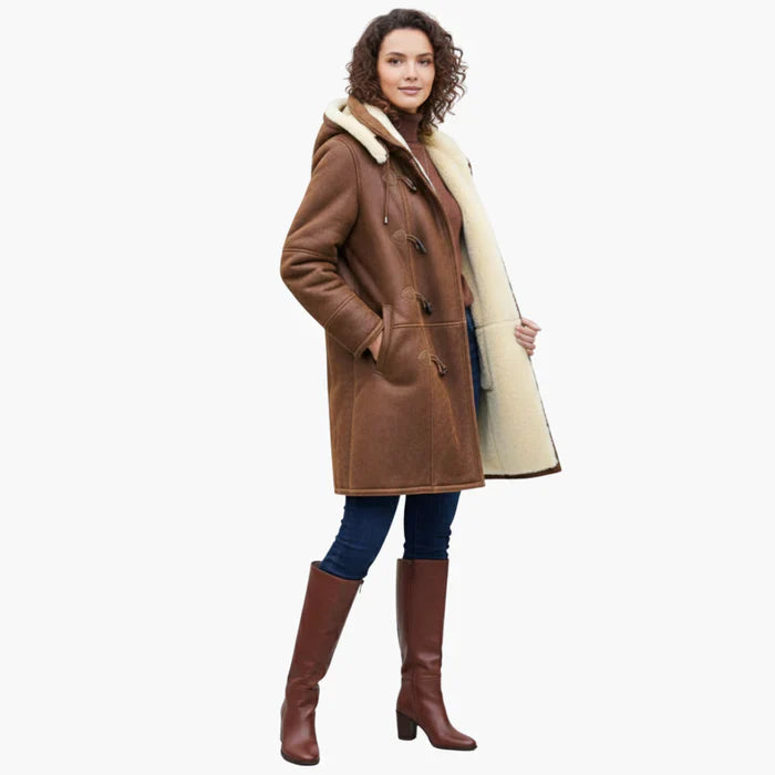Women's teddy lined hooded toggle coat in brown – full look