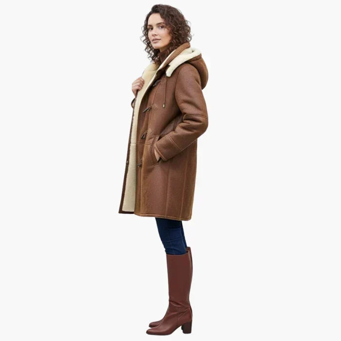 Women's teddy lined hooded toggle coat in brown – side view