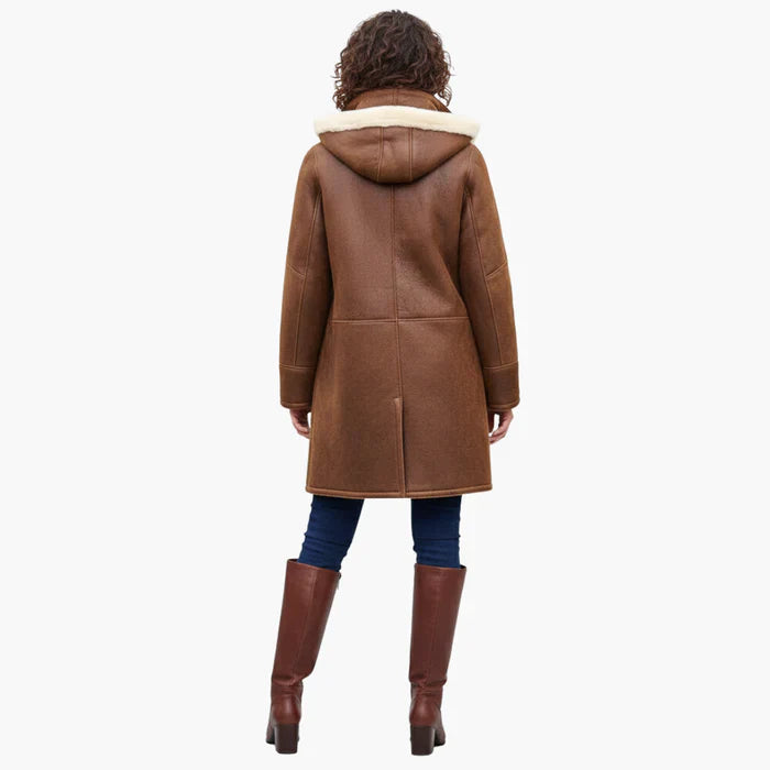 Women's teddy lined hooded toggle coat in brown – back view