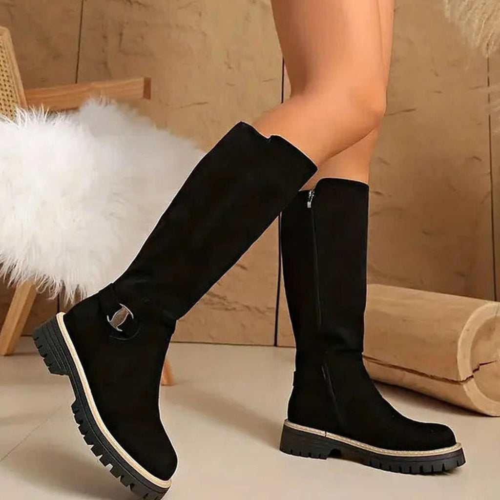 Women's suede-look knee-high boots in black – side view
