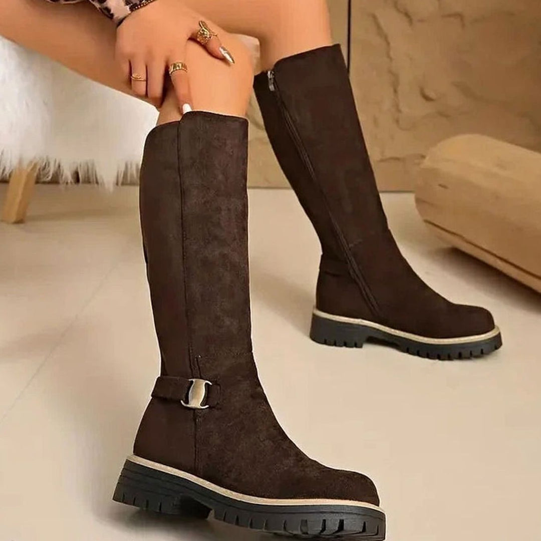 Women's suede-look knee-high boots in brown – side view