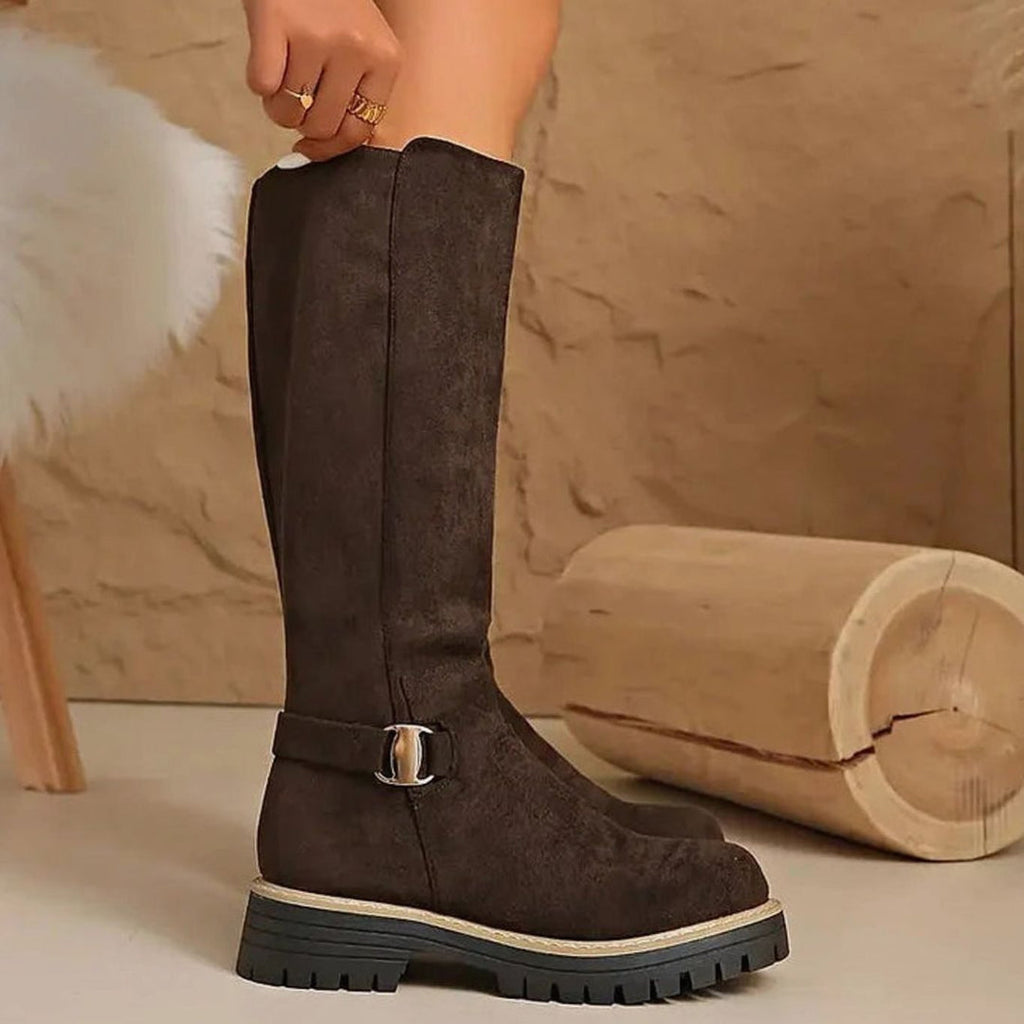 Women's suede-look knee-high boots in brown – front view
