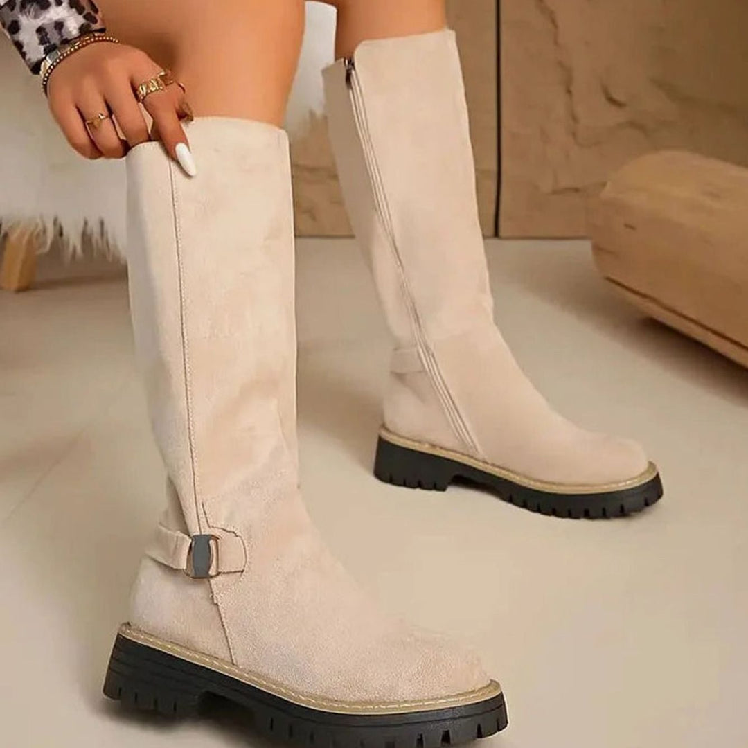 Women's suede-look knee-high boots in beige – side view