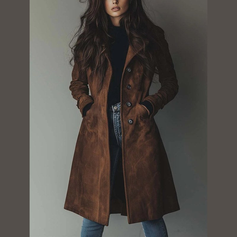 Women's suede look long coat in brown – front view
