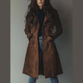 Women's suede look long coat in brown – front view