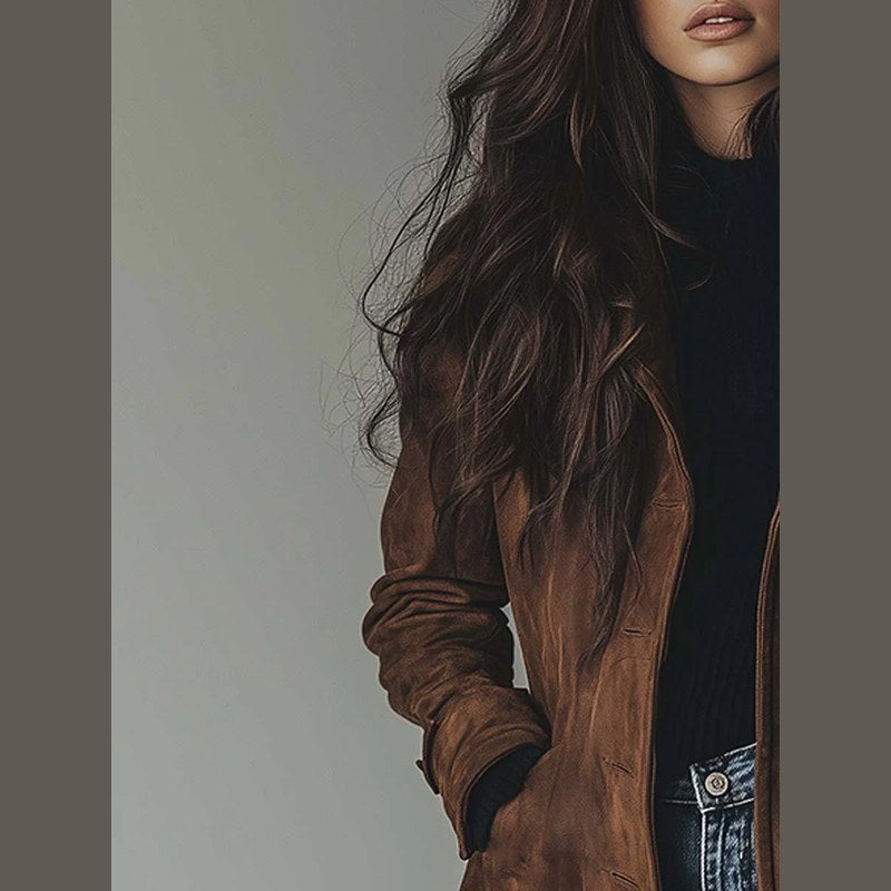 Women's suede look long coat in brown – side view