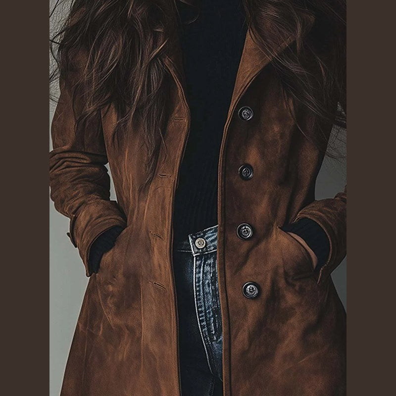 Women's suede look long coat in brown – close-up of the buttons