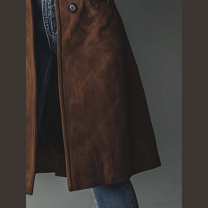 Women's suede look long coat in brown – close-up of the hem