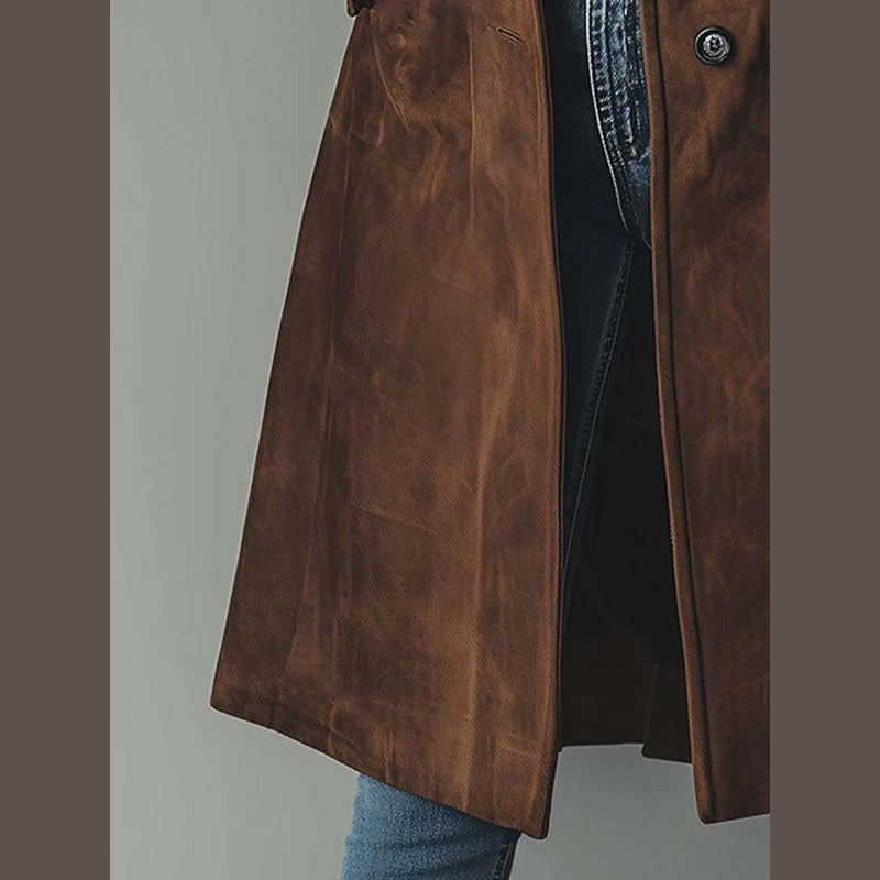 Women's suede look long coat in brown – side view of the hem