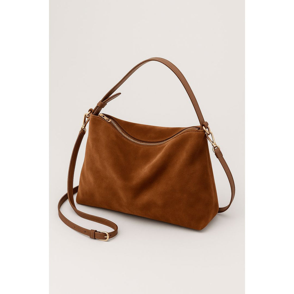 Women's suede look shoulder bag in tan