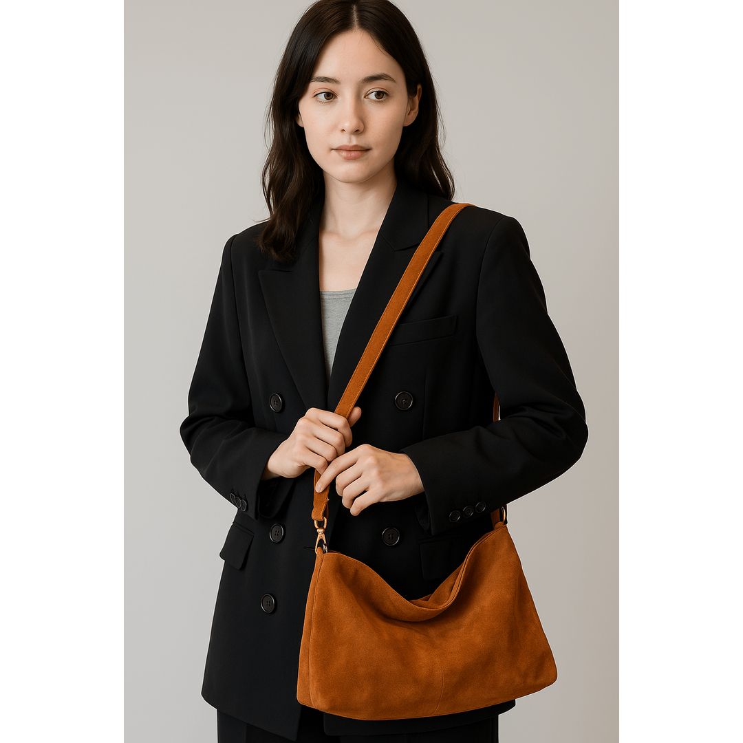 Women's suede look shoulder bag in tan, worn crossbody