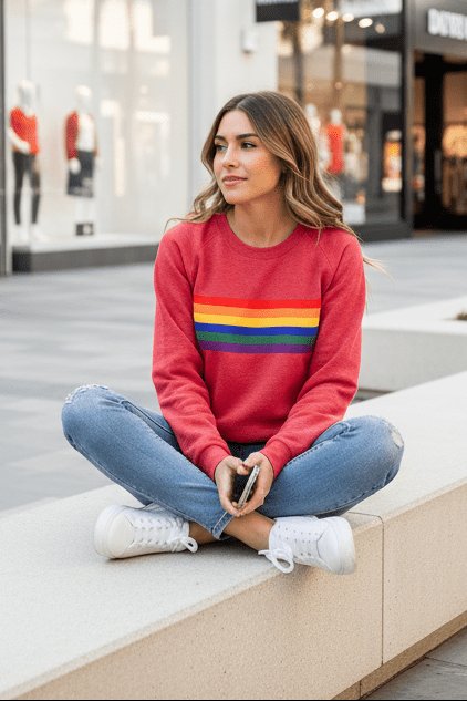 Women's rainbow stripe sweater in red – seated