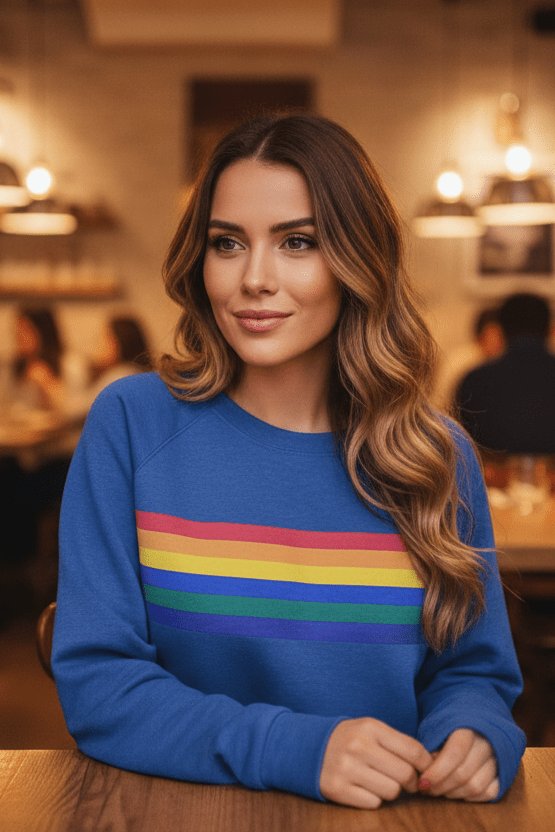 Women's rainbow stripe sweater in blue – indoor look