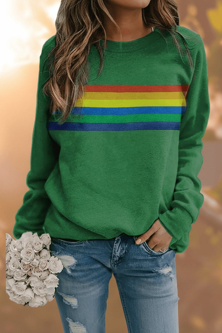Women's rainbow stripe sweater in green – front view
