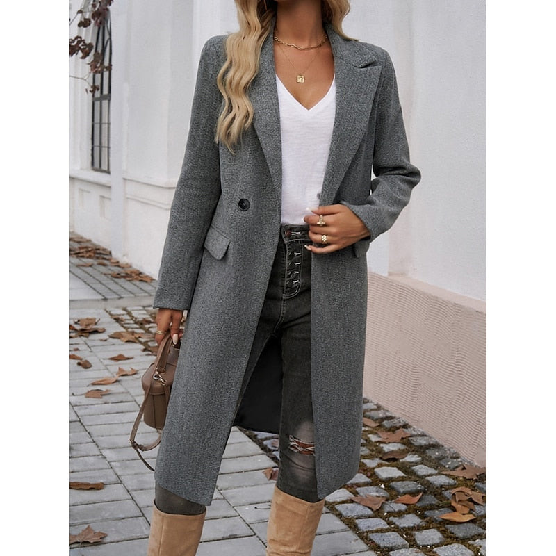 Women's tailored longline coat with lapels in dark grey – worn look
